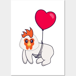 Cute chicken flying with love shaped balloons. Posters and Art